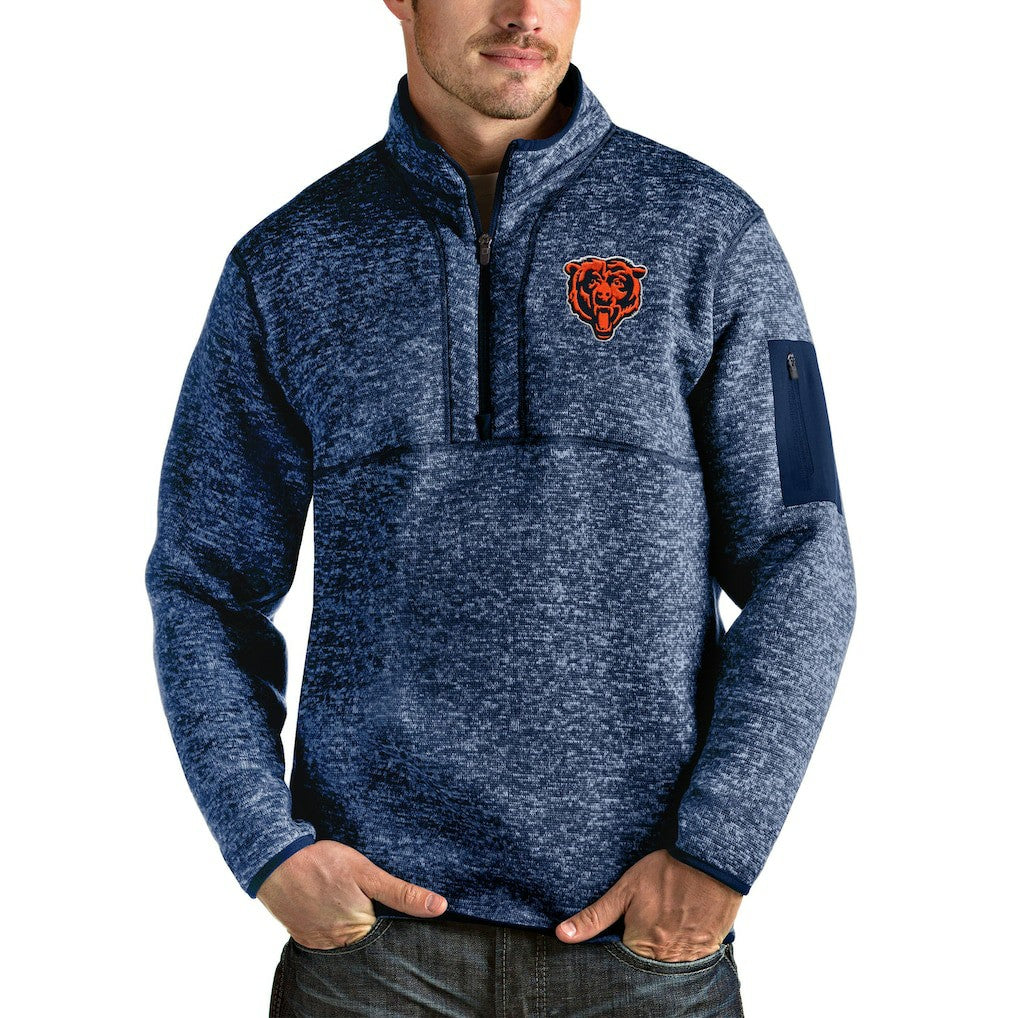 Chicago Bears Antigua Bear Head Fortune Quarter-Zip Pullover Jacket - Heather Navy - NFL
