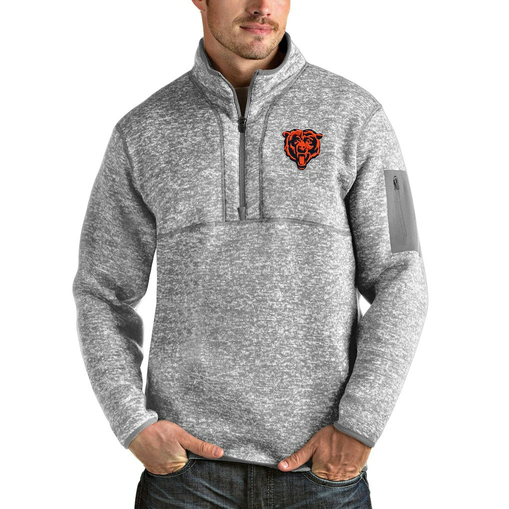Chicago Bears Antigua Bear Head Fortune Quarter-Zip Pullover Jacket - Heather Gray - NFL