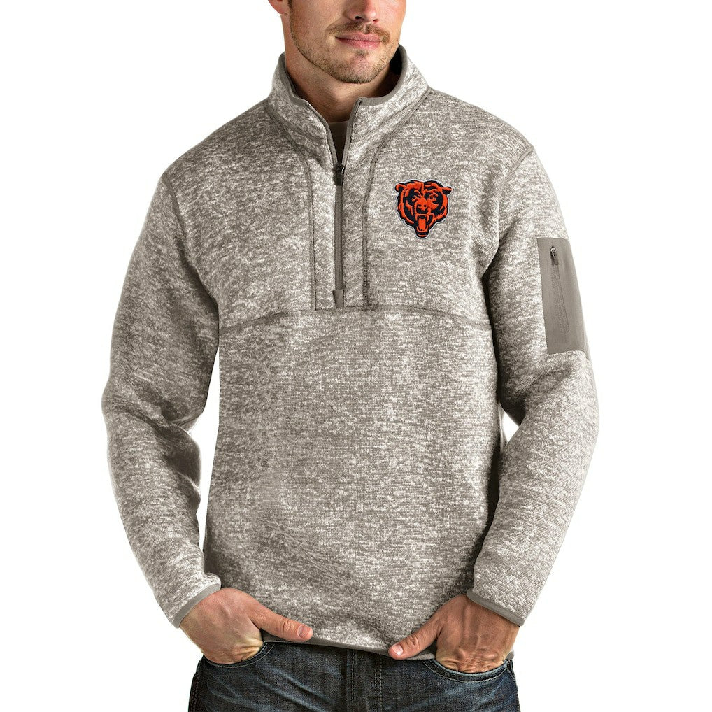 Chicago Bears Antigua Bear Head Fortune Quarter-Zip Pullover Jacket - Oatmeal - NFL