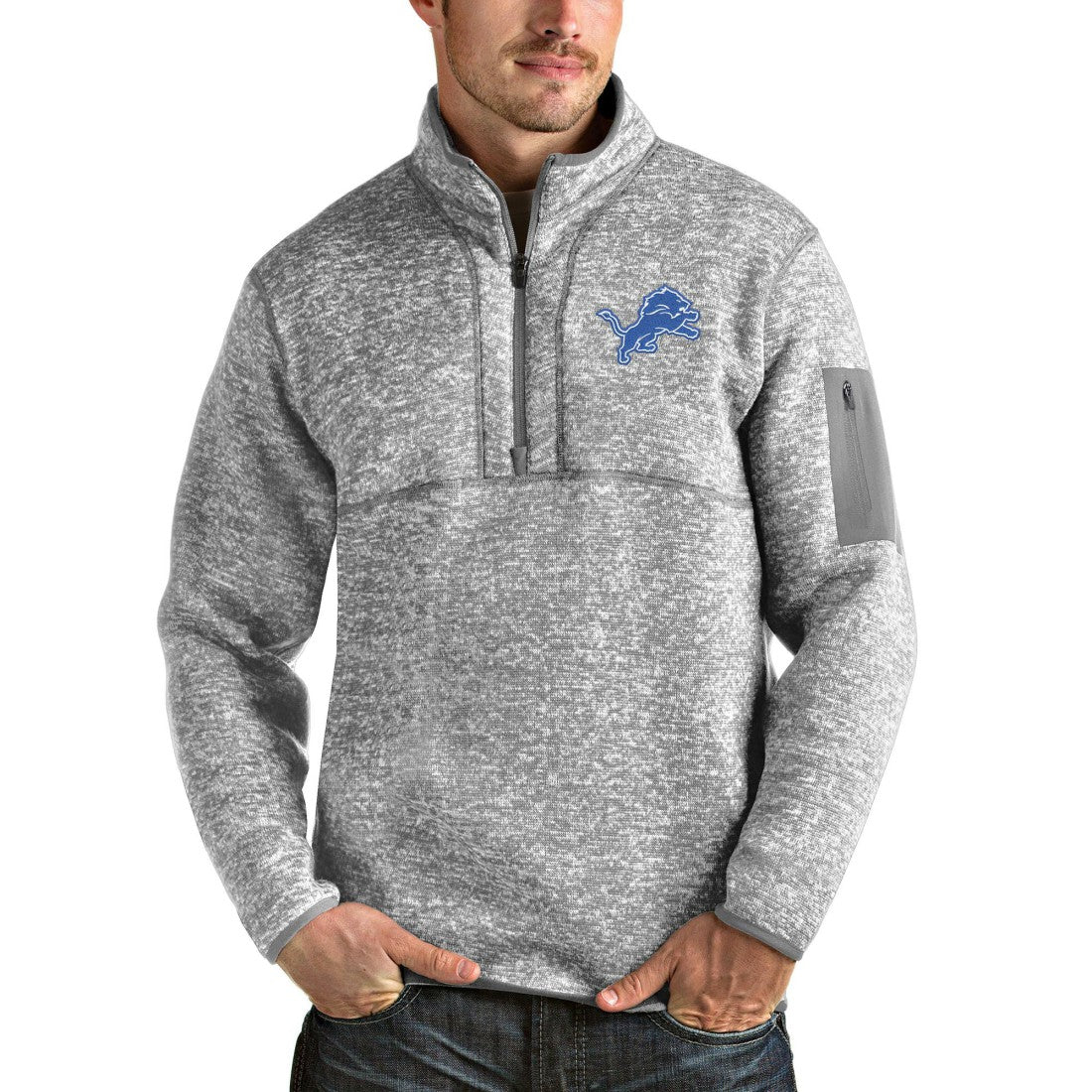 Detroit Lions Antigua Team Logo Fortune Quarter-Zip Pullover Jacket - Heather Gray - NFL