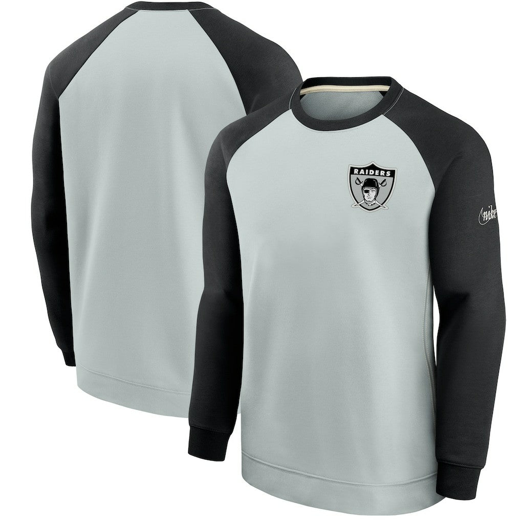 Las Vegas Raiders Historic Raglan Crew Performance Sweater - Silver/Black - Nike
