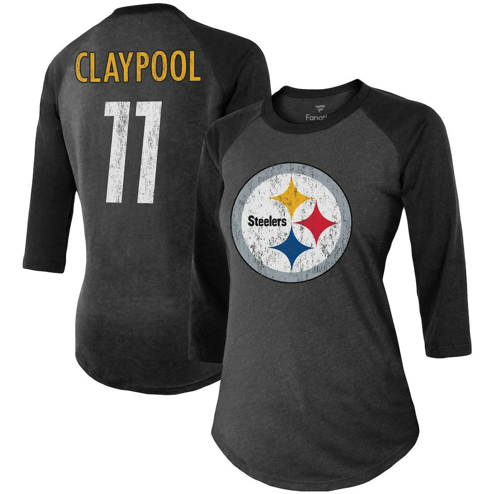 Chase Claypool Pittsburgh Steelers Women's Team Player Name & Number Tri-Blend Raglan 3/4-Sleeve T-Shirt - Black - Fanatics