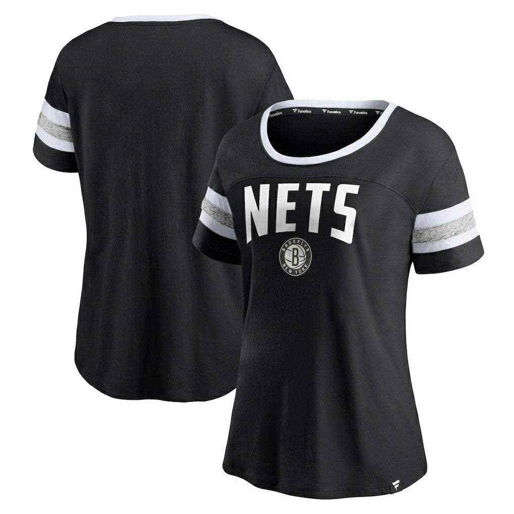 Fanatics Brooklyn Nets Women's Block Party Striped Sleeve T-Shirt Black/Heathered Gray