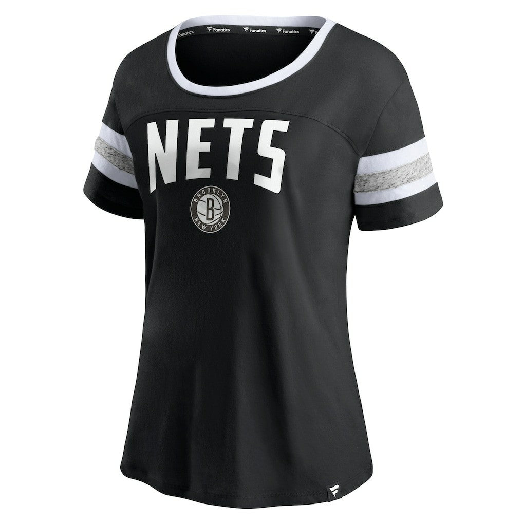 Fanatics Brooklyn Nets Women's Block Party Striped Sleeve T-Shirt Black/Heathered Gray