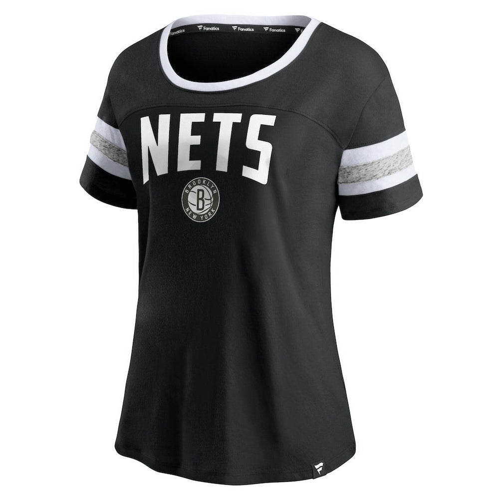 Fanatics Brooklyn Nets Women's Block Party Striped Sleeve T-Shirt Black/Heathered Gray