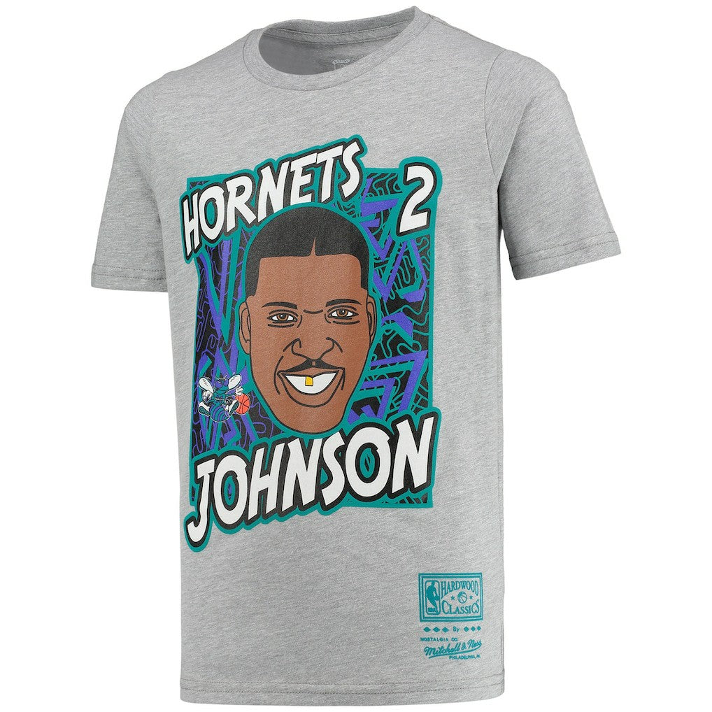 Mitchell & Ness Larry Johnson Charlotte Hornets Youth Hardwood Classics King of the Court Player T-Shirt Gray