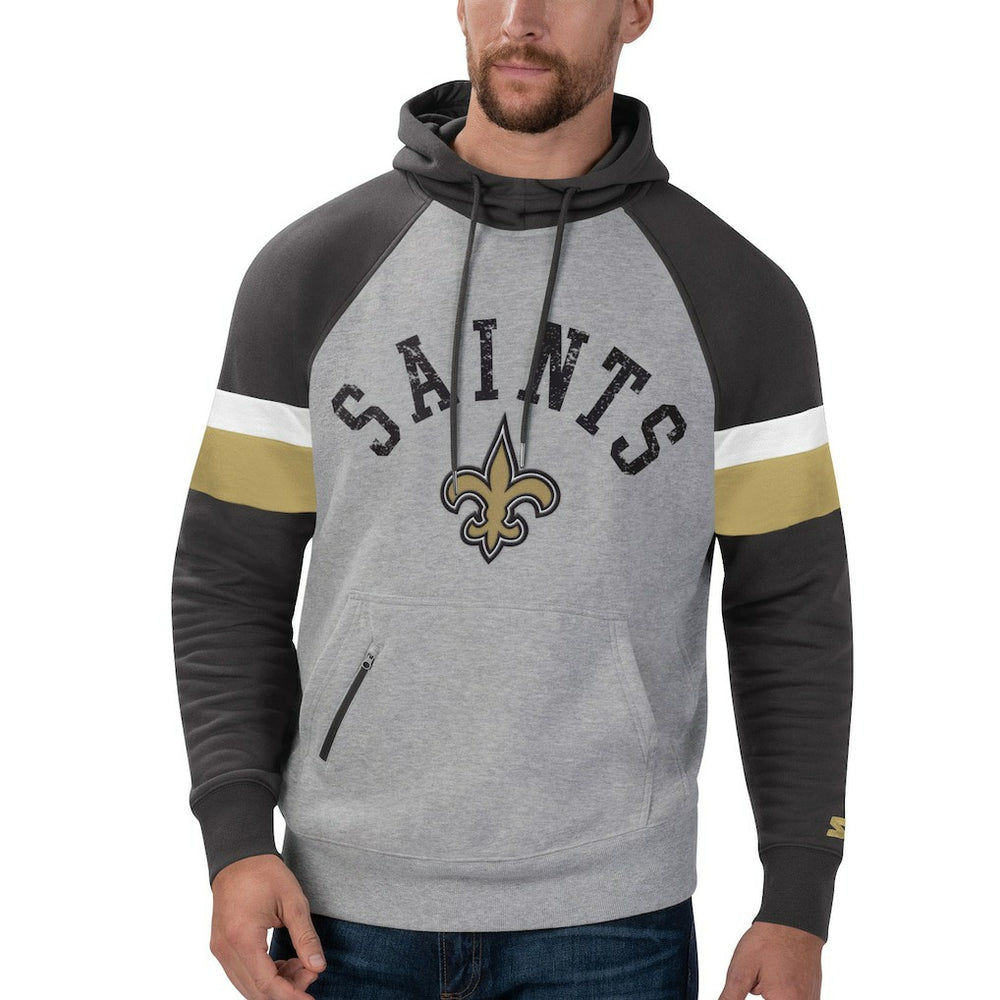 New Orleans Saints Starter Home Run Raglan Pullover Hoodie - Heathered Gray/Black - NFL