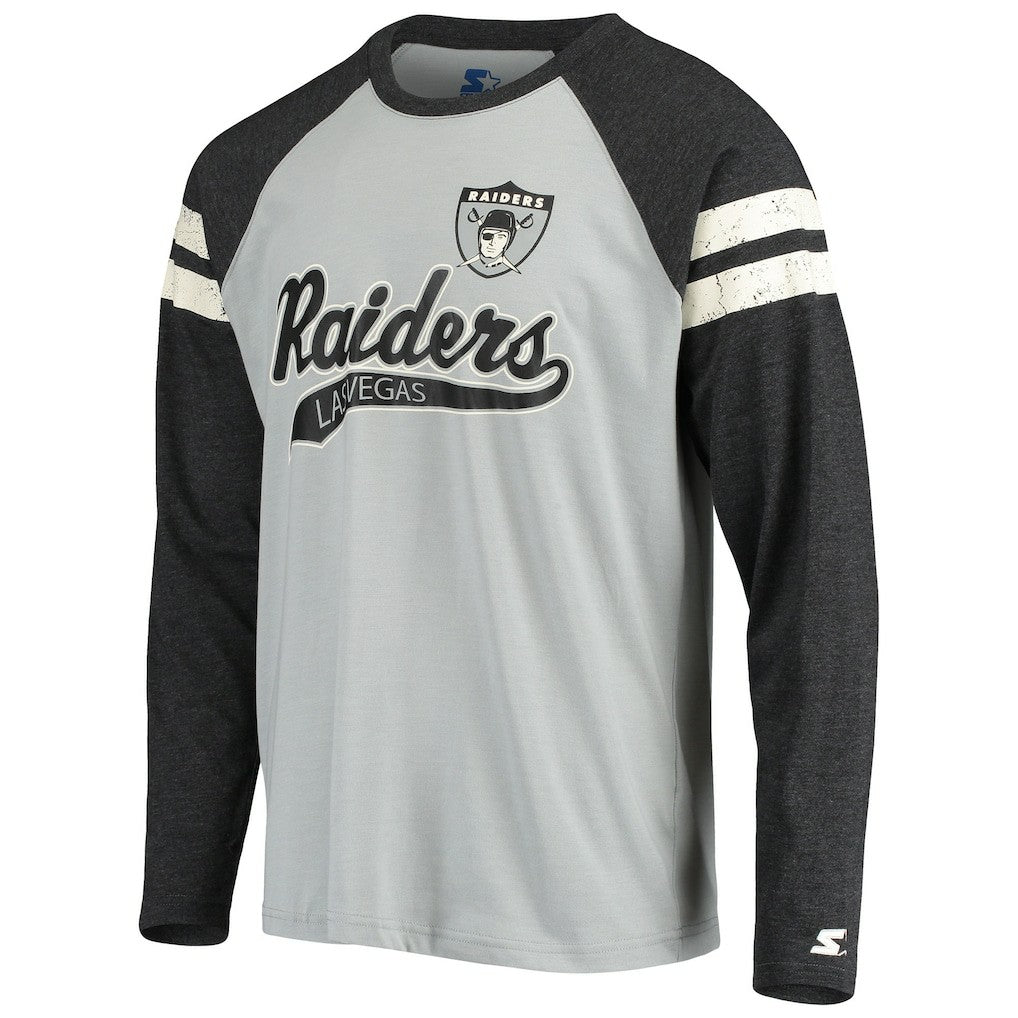 Las Vegas Raiders Starter Throwback League Raglan Long Sleeve Tri-Blend T-Shirt - Silver/Black - NFL