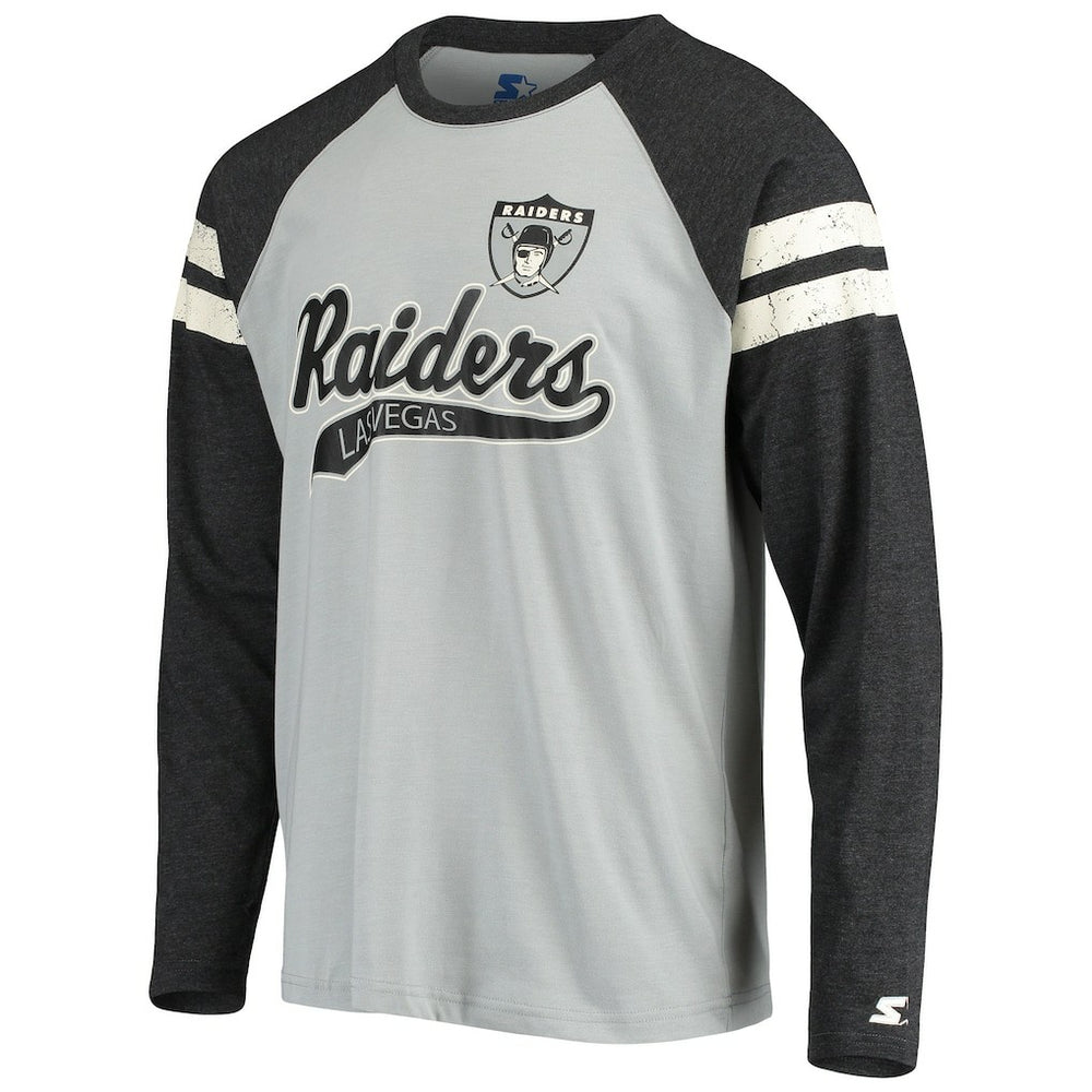 Las Vegas Raiders Starter Throwback League Raglan Long Sleeve Tri-Blend T-Shirt - Silver/Black - NFL