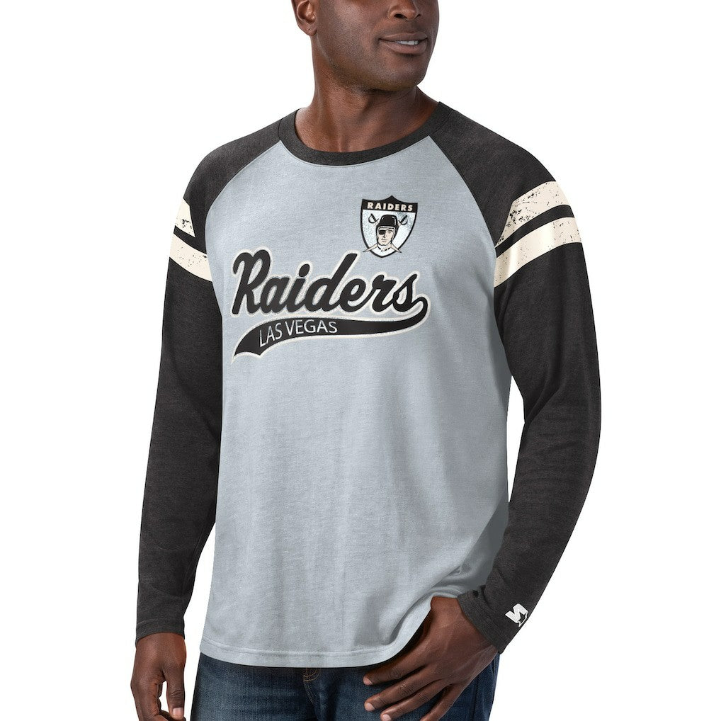 Las Vegas Raiders Starter Throwback League Raglan Long Sleeve Tri-Blend T-Shirt - Silver/Black - NFL