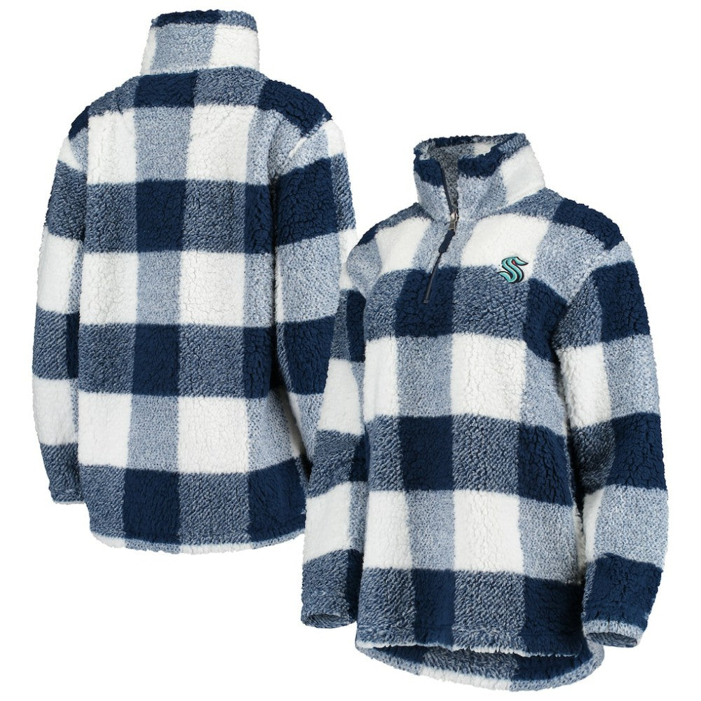Seattle Kraken G-III 4Her by Carl Banks Women's Plaid Sherpa Quarter-Zip Jacket - Deep Sea Blue/White | NHL near me