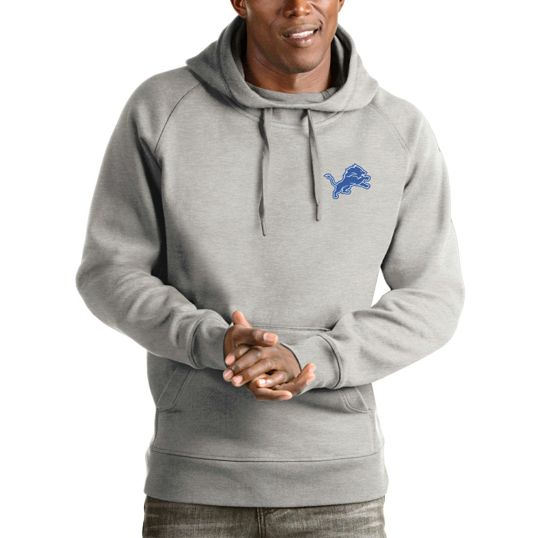 Detroit Lions Antigua Logo Victory Pullover Hoodie - Heathered Gray - NFL