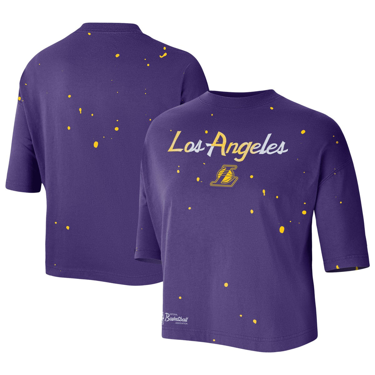 Nike Los Angeles Lakers Women's Courtside Splatter Cropped T-Shirt Purple