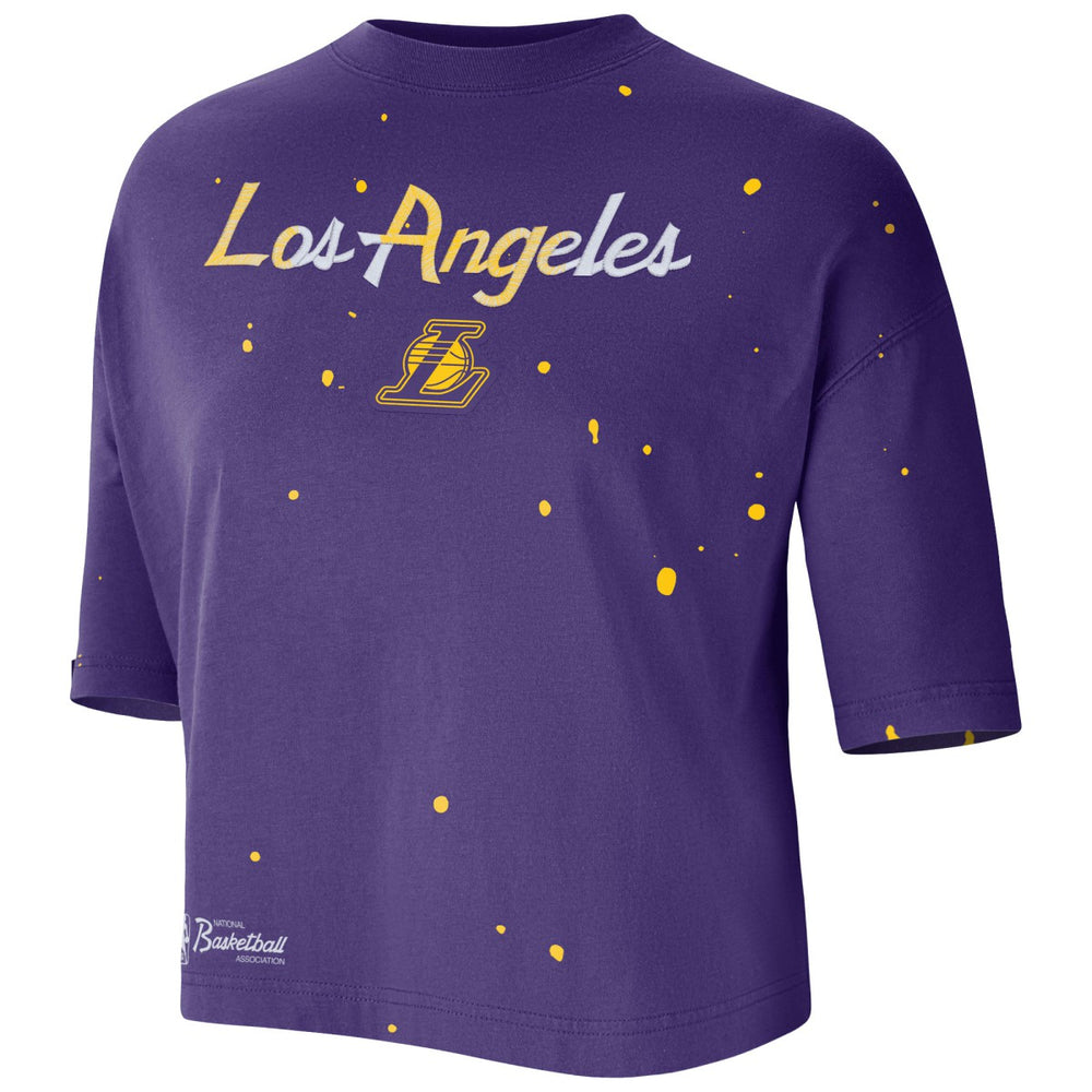 Nike Los Angeles Lakers Women's Courtside Splatter Cropped T-Shirt Purple