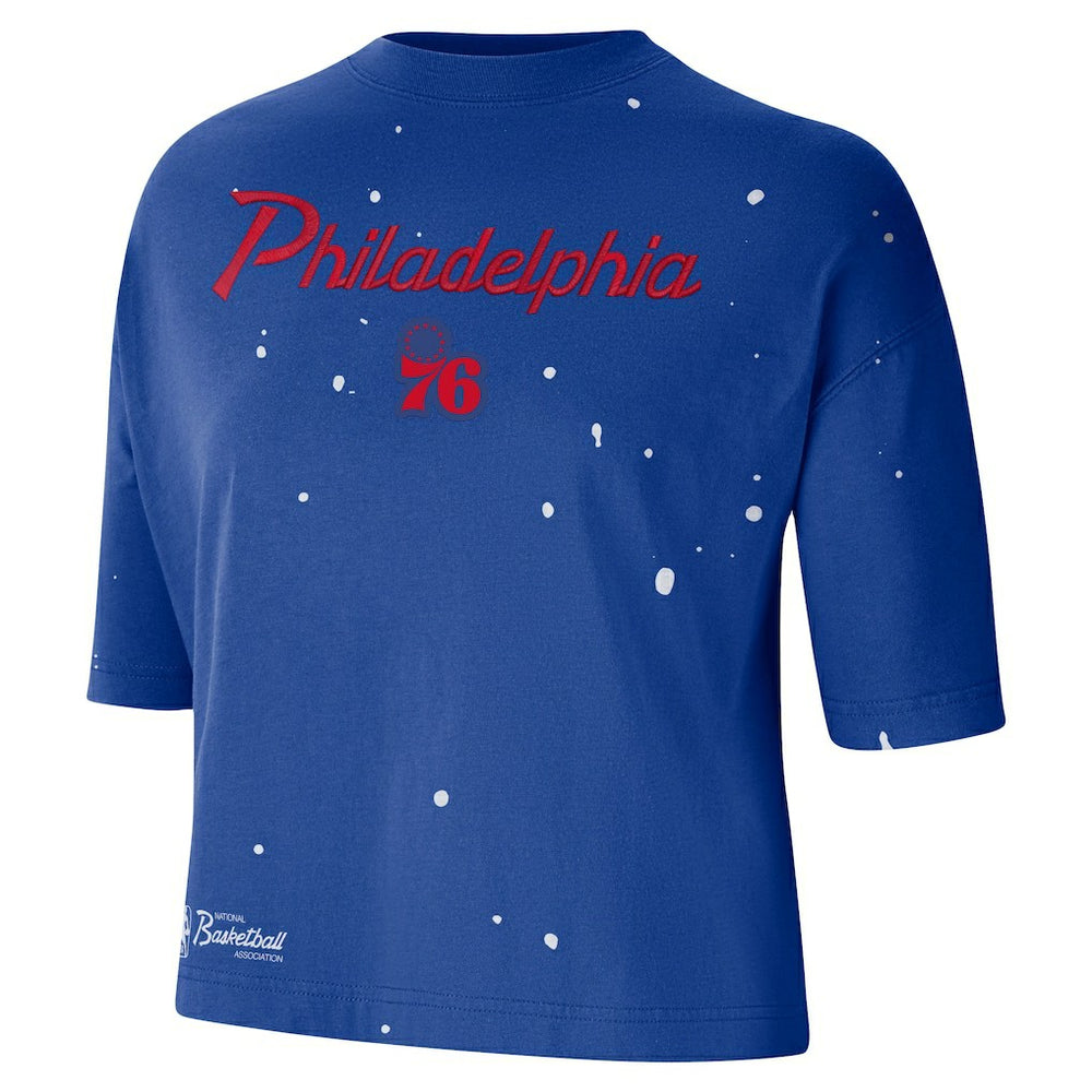 Nike Philadelphia 76ers Women's Courtside Splatter Cropped T-Shirt Royal