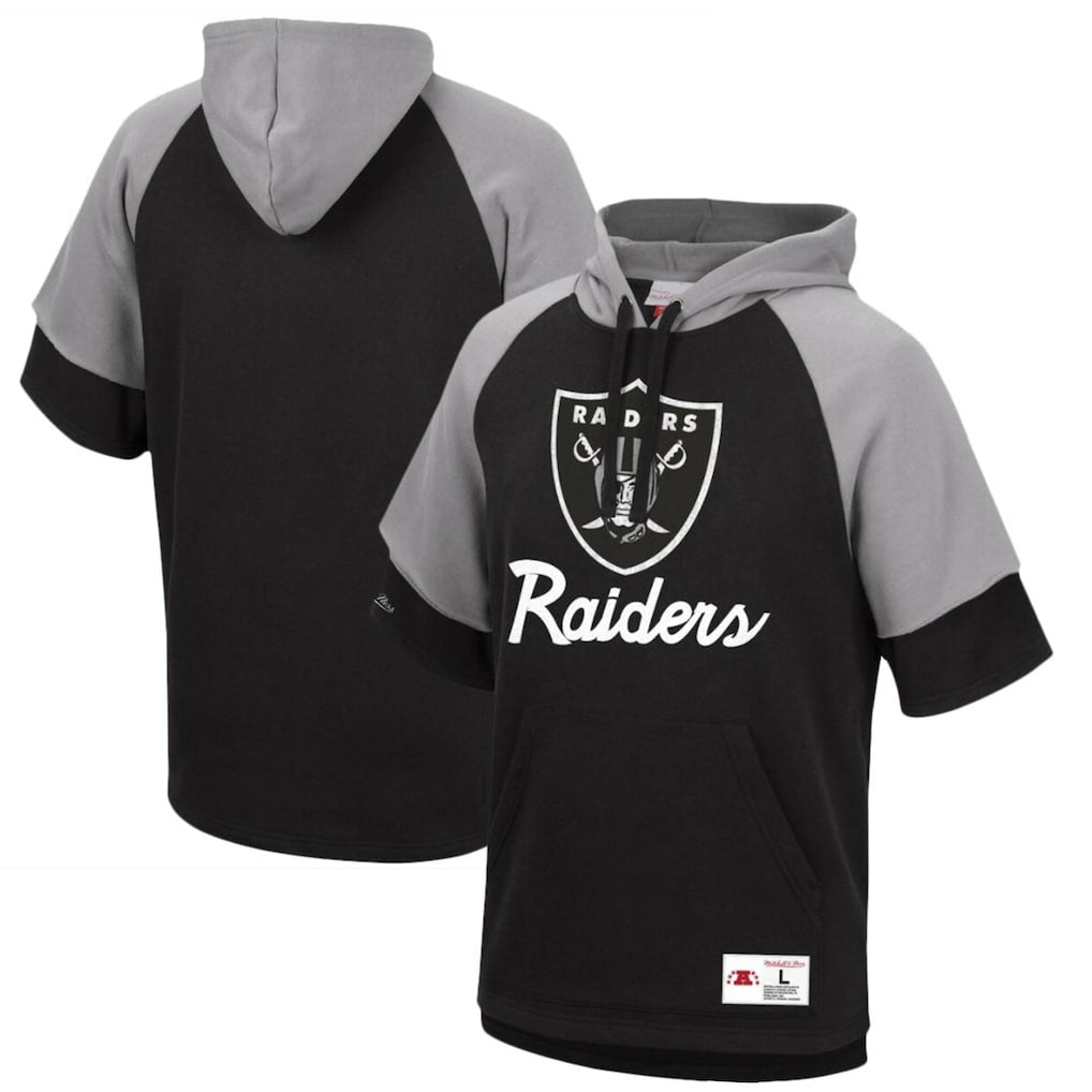 Las Vegas Raiders Home Advantage Raglan Short Sleeve Pullover Hoodie - Black - Mitchell & Ness