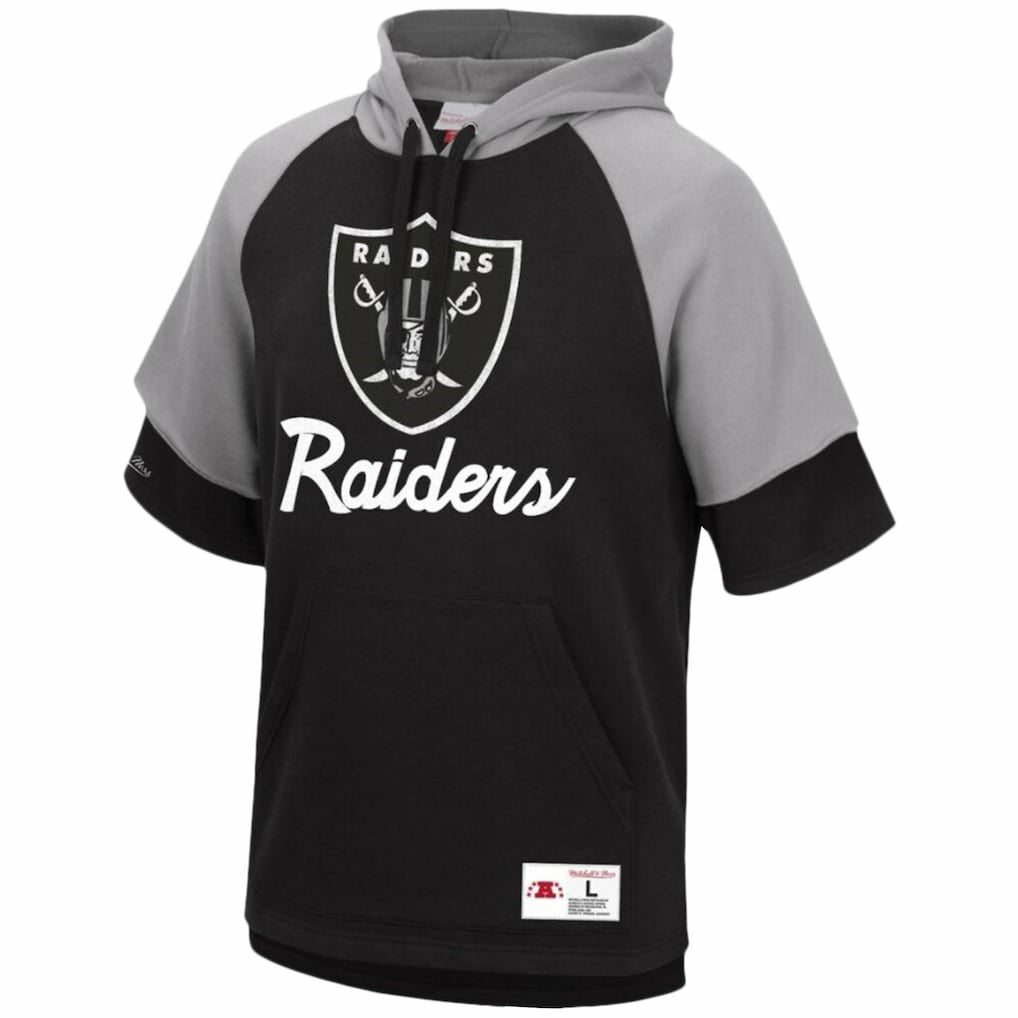 Las Vegas Raiders Home Advantage Raglan Short Sleeve Pullover Hoodie - Black - Mitchell & Ness