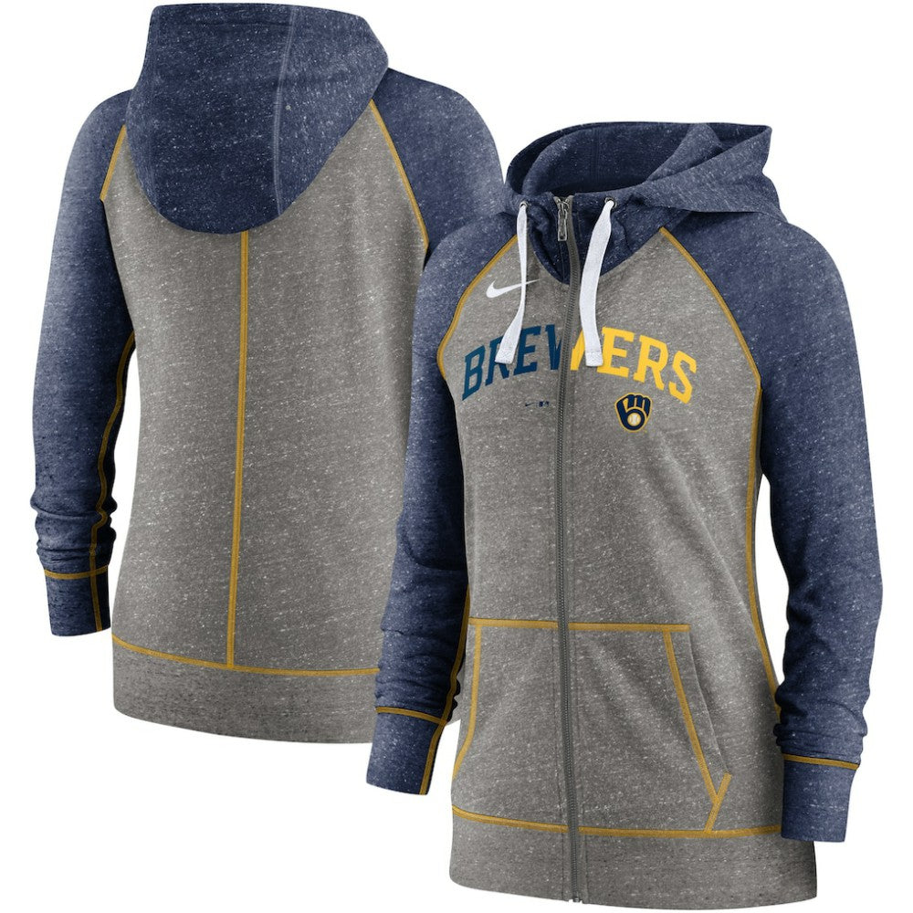 Milwaukee Brewers Nike Women's Split Wordmark Gym Vintage Raglan Lightweight Full-Zip Hoodie Discount