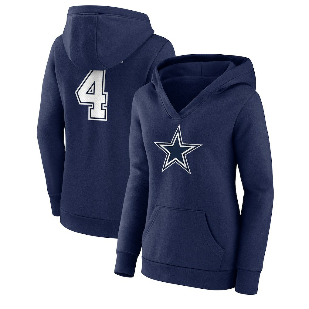 Dak Prescott Dallas Cowboys Women's Player Icon Name & Number V-Neck Pullover Hoodie - Navy - Fanatics