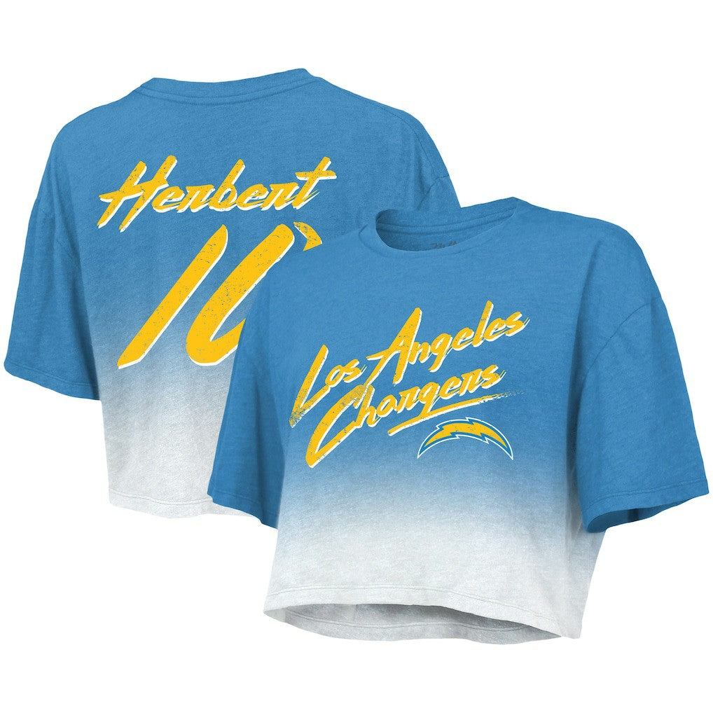 Justin Herbert Los Angeles Chargers Majestic Threads Women's Dip-Dye Player Name & Number Crop Top - Powder Blue/White - NFL