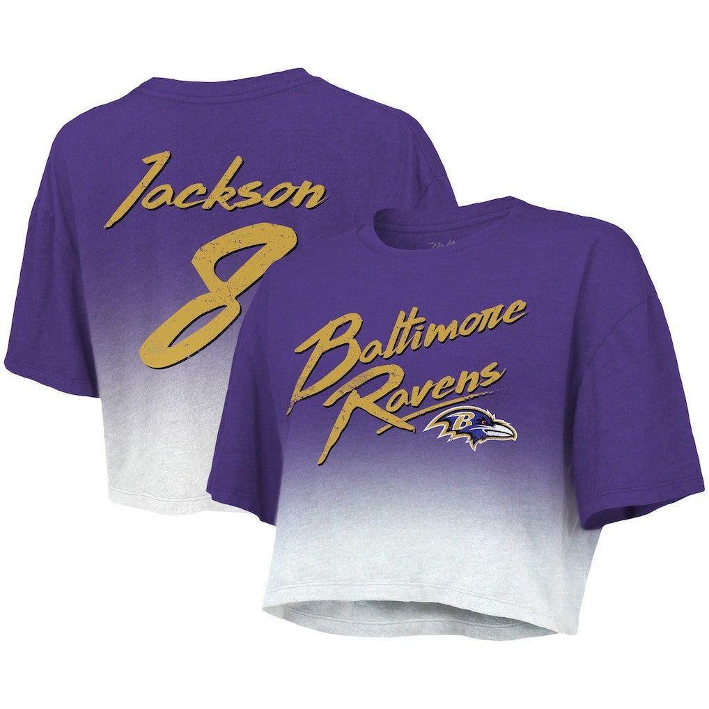 Lamar Jackson Baltimore Ravens Majestic Threads Women's Dip-Dye Player Name & Number Crop Top - Purple/White - NFL