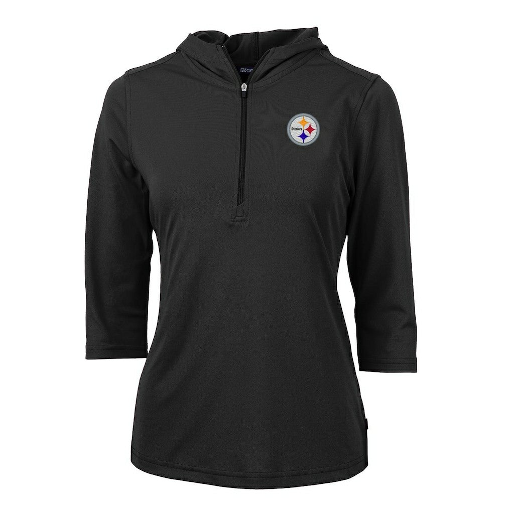 Pittsburgh Steelers Cutter & Buck Women's Virtue Eco Pique Half-Zip 3/4 Sleeve Pullover Hoodie - Black - NFL