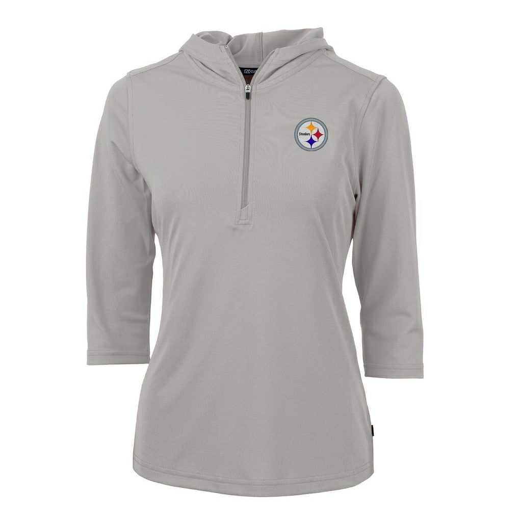 Pittsburgh Steelers Cutter & Buck Women's Virtue Eco Pique Half-Zip 3/4 Sleeve Pullover Hoodie - Gray - NFL