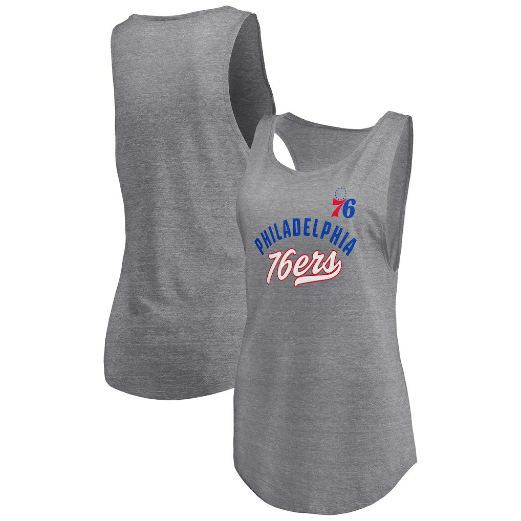 Fanatics Philadelphia 76ers Women's Quality Time Open Scoop Neck Tri-Blend Tank Top Heathered Gray