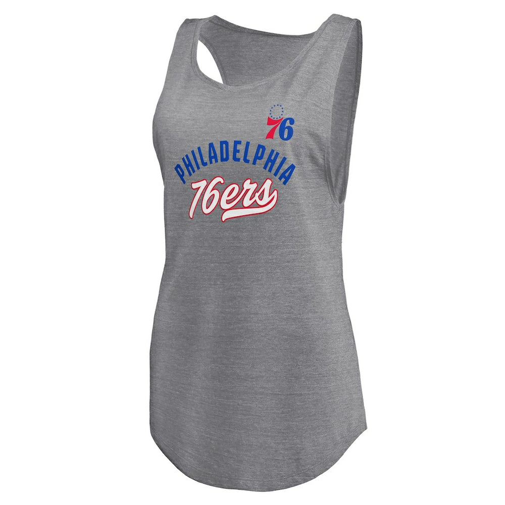 Fanatics Philadelphia 76ers Women's Quality Time Open Scoop Neck Tri-Blend Tank Top Heathered Gray