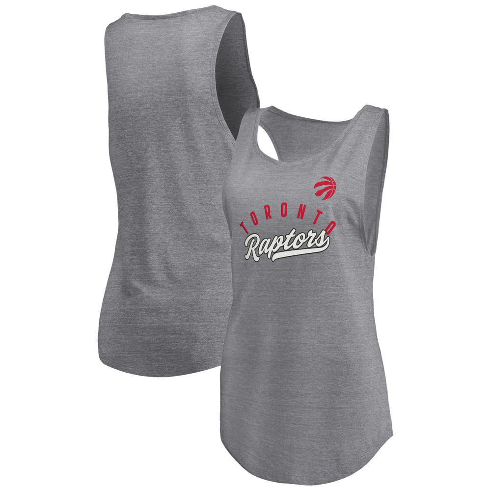 Fanatics Toronto Raptors Women's Quality Time Open Scoop Neck Tri-Blend Tank Top Heathered Gray