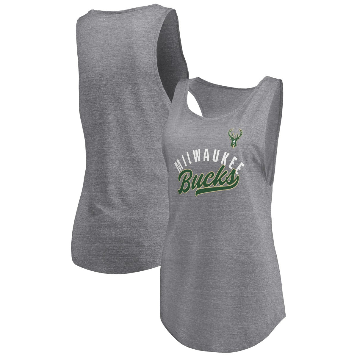 Fanatics Milwaukee Bucks Women's Quality Time Open Scoop Neck Tri-Blend Tank Top Heathered Gray