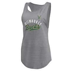 Fanatics Milwaukee Bucks Women's Quality Time Open Scoop Neck Tri-Blend Tank Top Heathered Gray