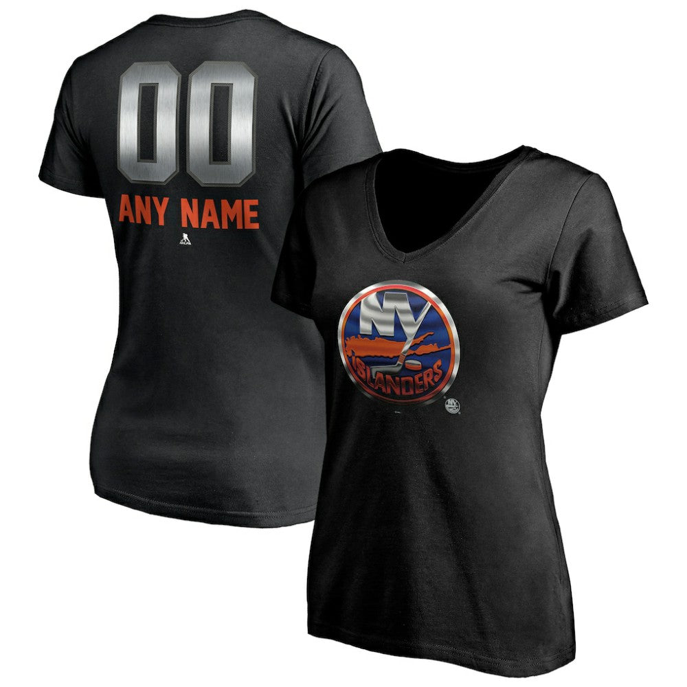 New York Islanders Women's Personalized Midnight Mascot Logo V-Neck T-Shirt - Black | NHL Lifestyle