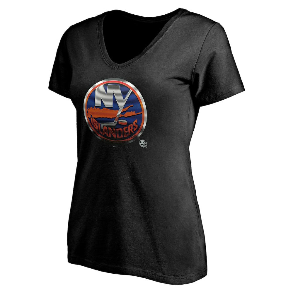 New York Islanders Women's Personalized Midnight Mascot Logo V-Neck T-Shirt - Black | NHL Lifestyle