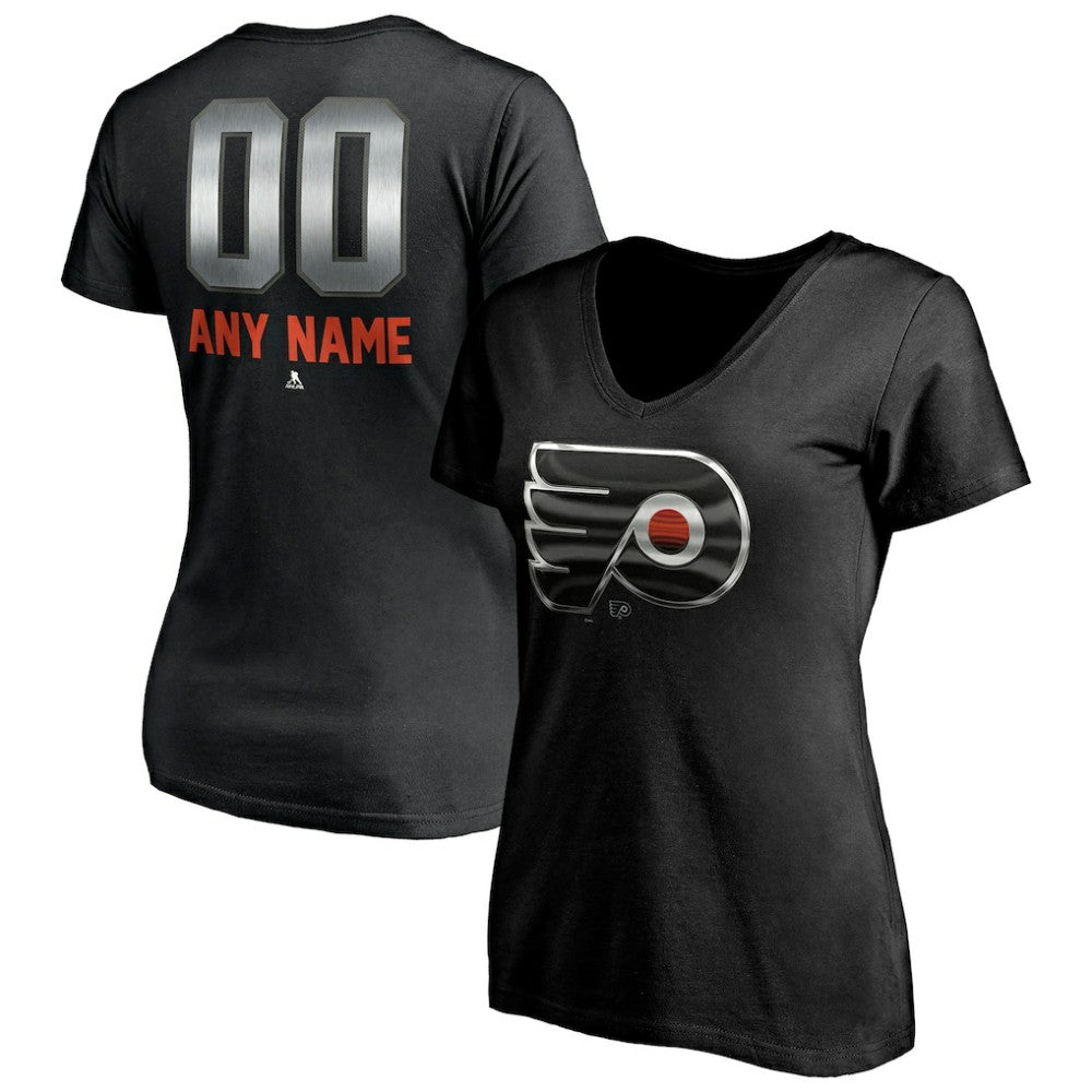 Philadelphia Flyers Women's Personalized Midnight Mascot Logo V-Neck T-Shirt - Black | NHL Lifestyle