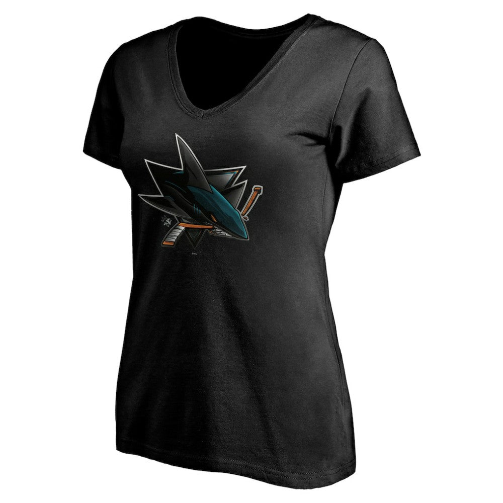 San Jose Sharks Women's Personalized Midnight Mascot Logo V-Neck T-Shirt - Black | NHL near me