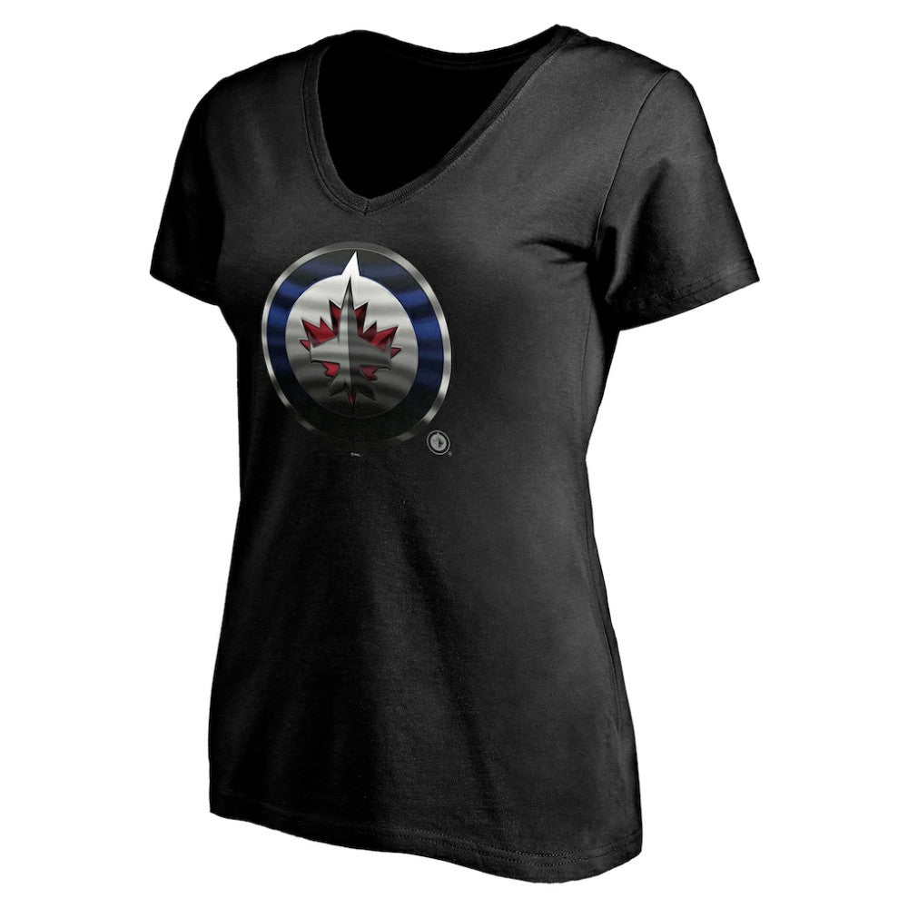 Winnipeg Jets Women's Personalized Midnight Mascot Logo V-Neck T-Shirt - Black | NHL Clearance