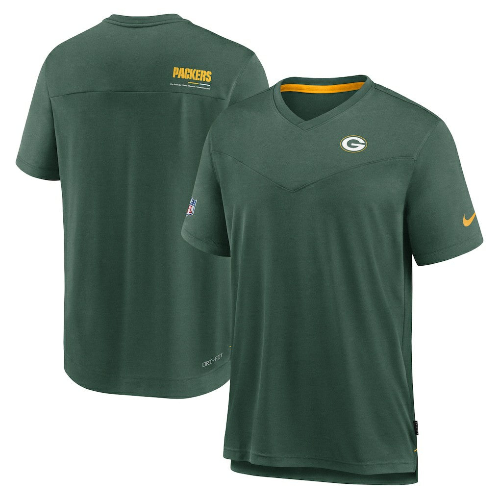 Green Bay Packers Sideline Coach Chevron Lock Up Logo V-Neck Performance T-Shirt - Heather Kelly Green - Nike