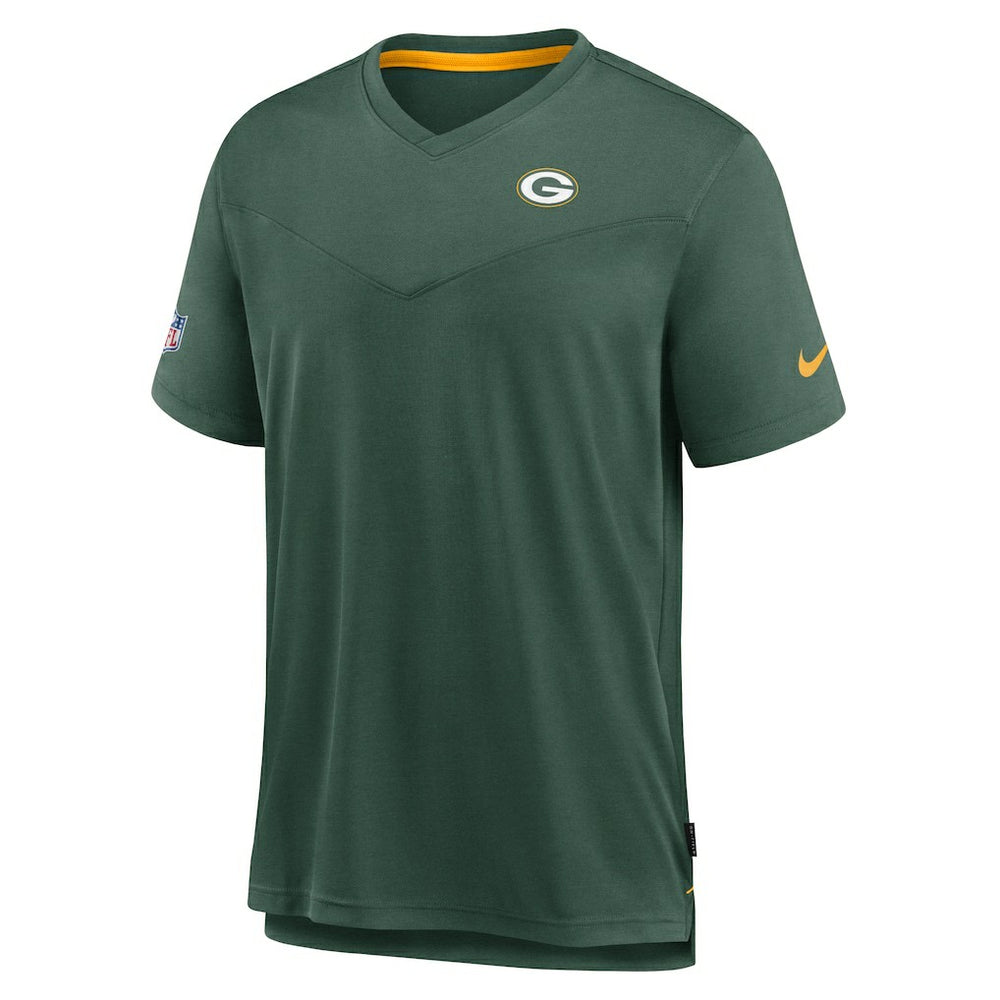 Green Bay Packers Sideline Coach Chevron Lock Up Logo V-Neck Performance T-Shirt - Heather Kelly Green - Nike