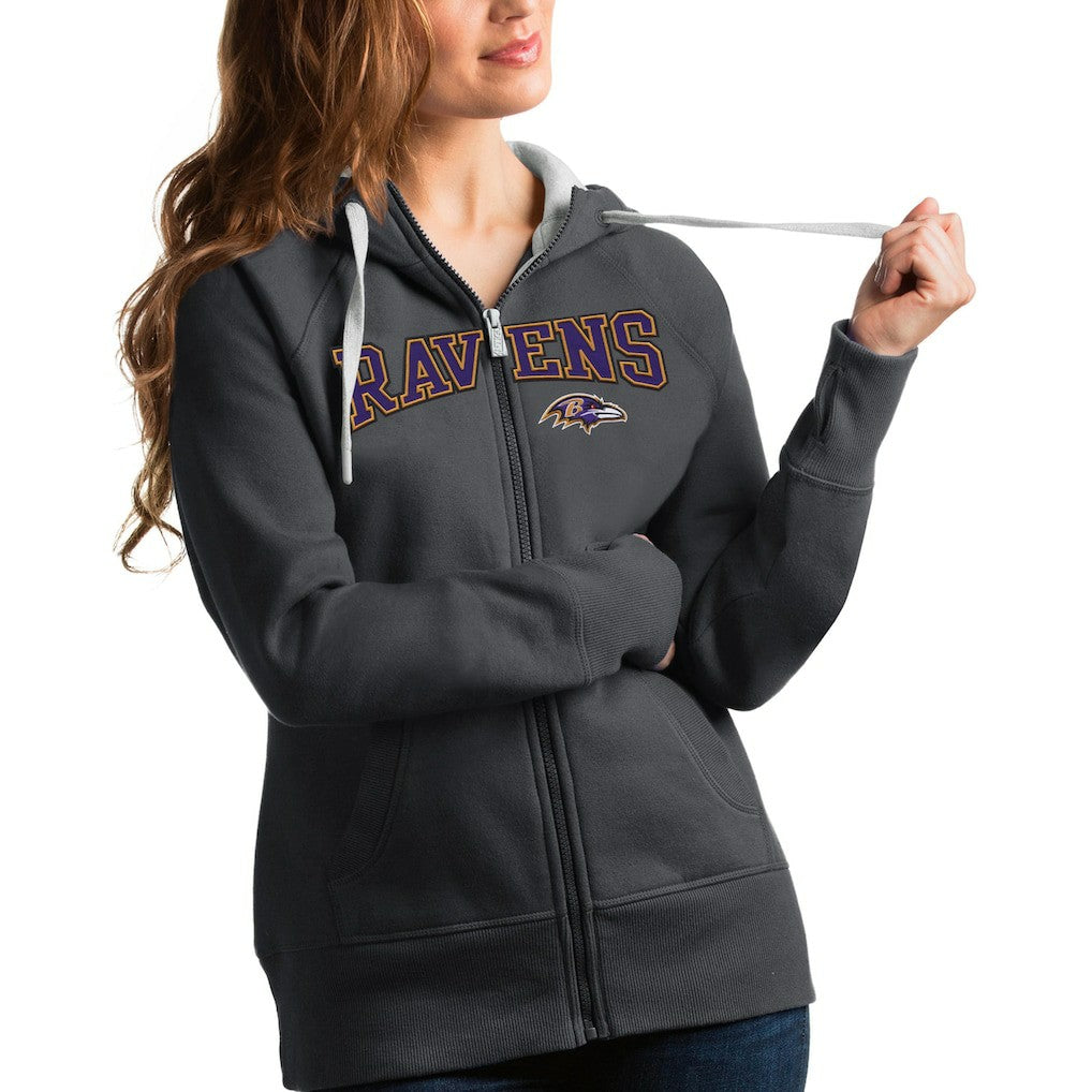 Baltimore Ravens Antigua Women's Wordmark Victory Full-Zip Hoodie - Charcoal - NFL