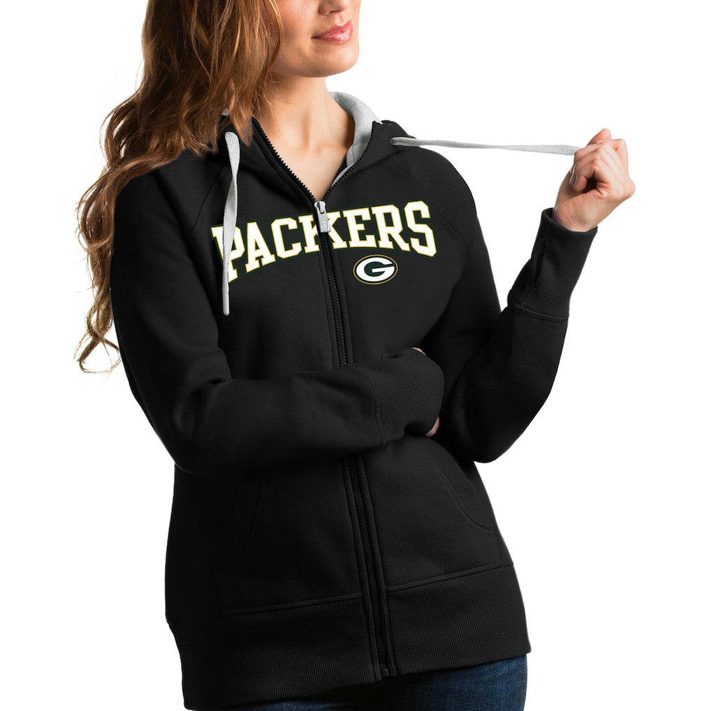 Green Bay Packers Antigua Women's Wordmark Victory Full-Zip Hoodie - Black - NFL