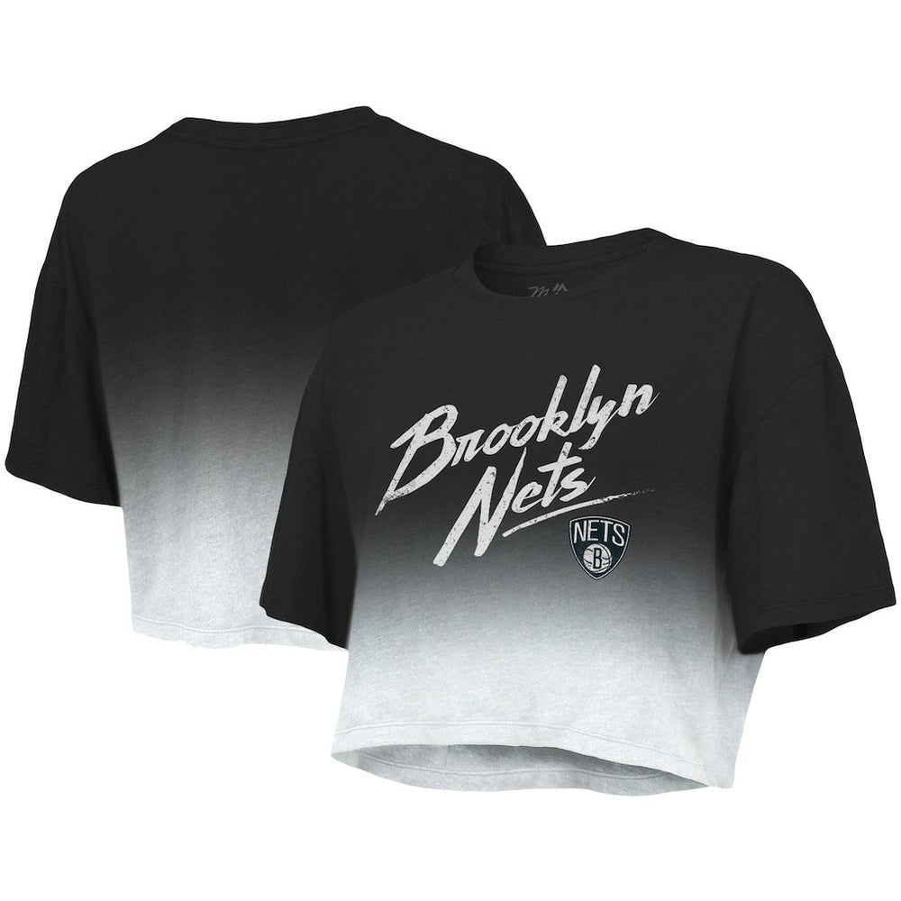 Brooklyn Nets Majestic Threads Women's Dirty Dribble Tri-Blend Cropped T-Shirt Black/White