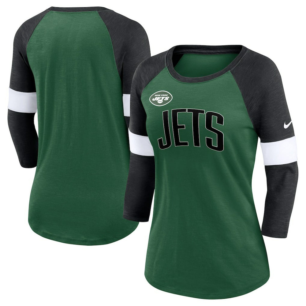 New York Jets Women's Football Pride Raglan 3/4-Sleeve T-Shirt - Heather Green/Heather Black - Nike