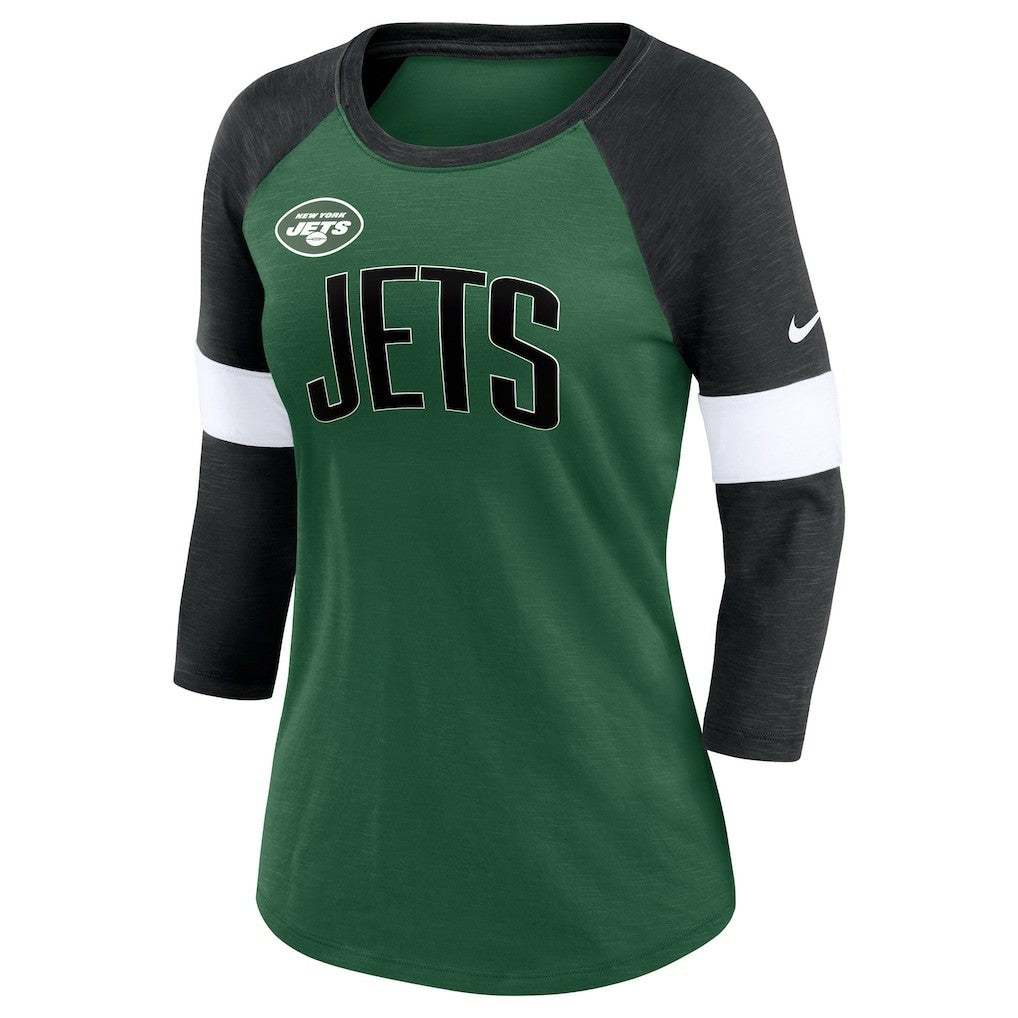 New York Jets Women's Football Pride Raglan 3/4-Sleeve T-Shirt - Heather Green/Heather Black - Nike