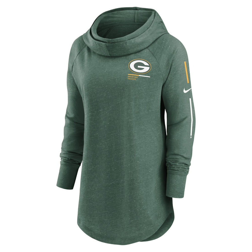 Green Bay Packers Women's Minimal Statement Lightweight Raglan Funnel Neck Pullover Hoodie - Heather Green - Nike