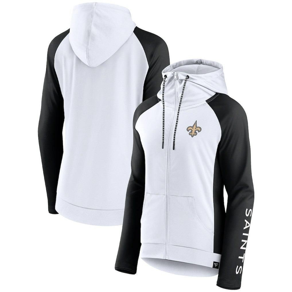 New Orleans Saints Women's End Around Lightweight Raglan Full-Zip Hoodie Jacket - White/Black - Fanatics