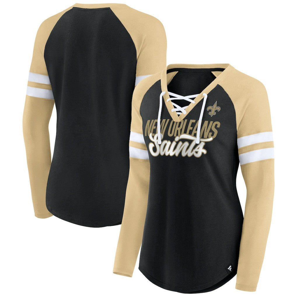 New Orleans Saints Women's True to Form Raglan Lace-Up V-Neck Long Sleeve T-Shirt - Black/Gold - Fanatics