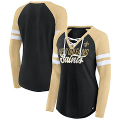 New Orleans Saints Women's True to Form Raglan Lace-Up V-Neck Long Sleeve T-Shirt - Black/Gold - Fanatics