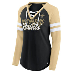 New Orleans Saints Women's True to Form Raglan Lace-Up V-Neck Long Sleeve T-Shirt - Black/Gold - Fanatics