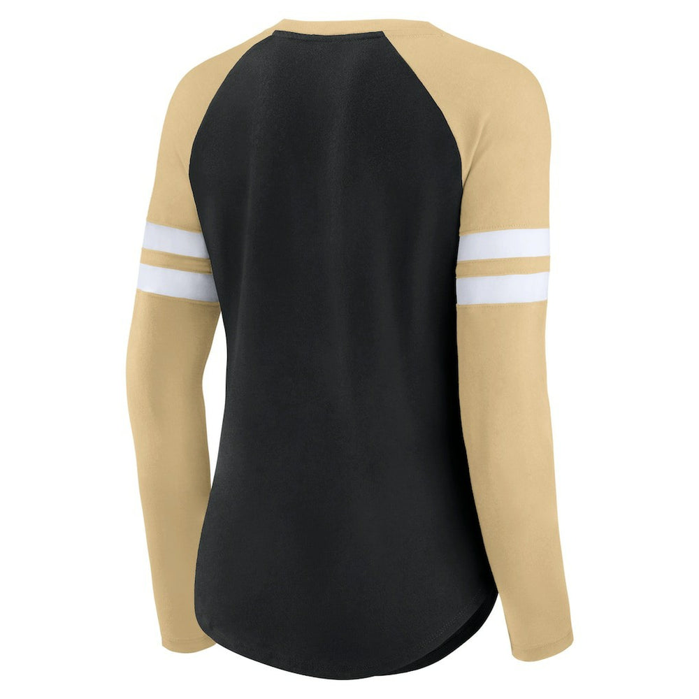 New Orleans Saints Women's True to Form Raglan Lace-Up V-Neck Long Sleeve T-Shirt - Black/Gold - Fanatics